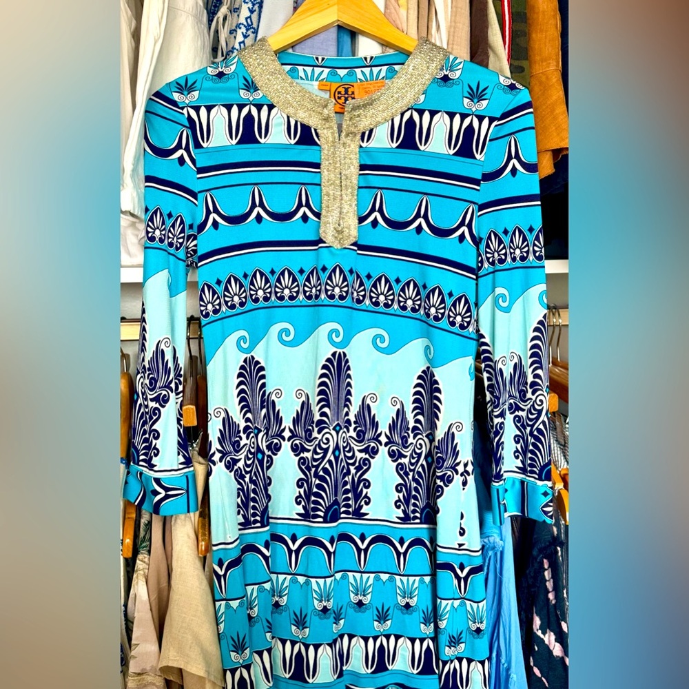 Tory Burch silk printed top size small with beaded neckline
